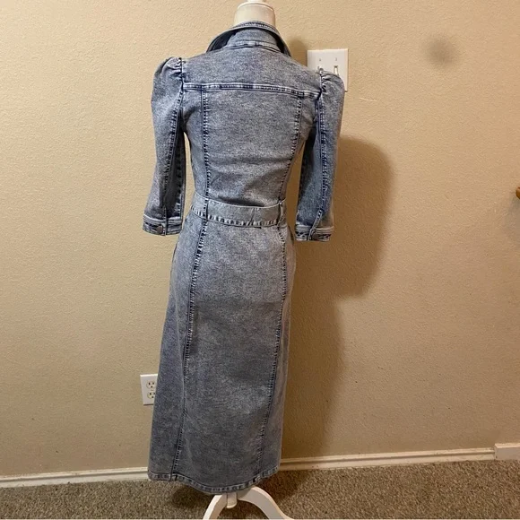 VENUS Button Front Light Blue 1/2 Sleeve Midi Denim Tie Waist Dress Size 2 - Picture 6 of 14